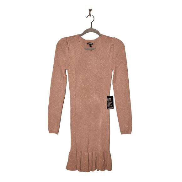 EXPRESS NEW $80 Puff Shoulder Metallic Ruffle Hem Sweater Dress Blush‎ Small - Picture 1 of 3